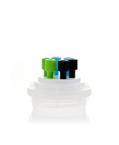 Gruppo serbatoio solvente HPLC ChromCap™ 100, GL45, adattatore in politetrafluoroetilene (PTFE) di classe VI con foro di sfiato, 6 porte per tubi con diametro esterno di 3,2 mm (1/8") o 1,6 mm (1/16"), 1/EA