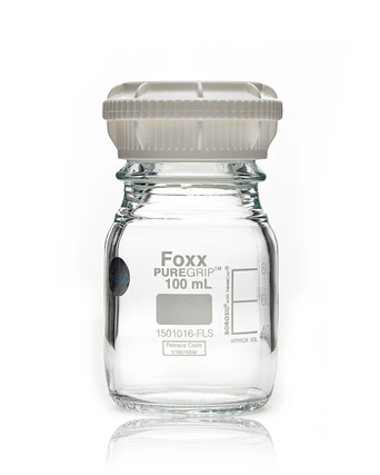 PUREGRIP® Rhino Safety Coated Glass Bottles, Clear, 100mL, with GL45 VersaCap - Laboratory Bottles, 4/CS | img_1 | Foxx Life Sciences Global | shopfls.com