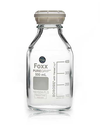 PUREGRIP® Rhino Safety Coated Glass Bottles, Clear, 500mL with GL45 VersaCap, 4/CS - Lab-grade, durable. | img_1 | Foxx Life Sciences Global | shopfls.com
