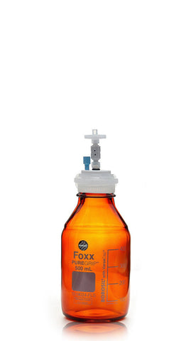 HPLC Solvent Reservoir Bottle Assembly, GL45, 500mL Amber, Class VI Polytetrafluoroethylene (PTFE) Adapter,  1 Ports for 3.2mm(1/8") or 1.6mm(1/16") | img_1 | Foxx Life Sciences Global | shopfls.com