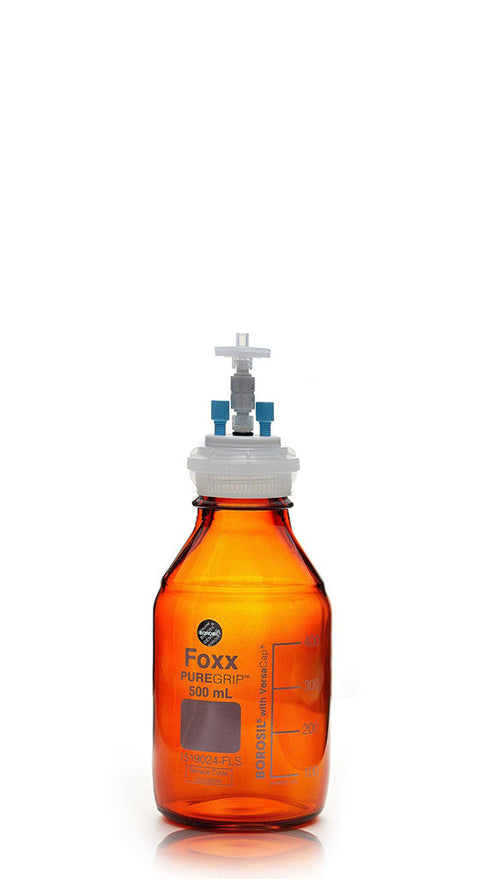 HPLC Solvent Reservoir Bottle Assembly, GL45, 500mL Amber, Class VI Polytetrafluoroethylene (PTFE) Adapter,  2 Ports for 3.2mm(1/8") and/or | img_1 | Foxx Life Sciences Global | shopfls.com