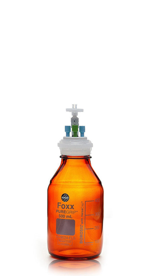 HPLC Solvent Reservoir Bottle Assembly, GL45, 500mL Amber, Class VI Polytetrafluoroethylene (PTFE) Adapter,  3 Ports for 3.2mm(1/8") and/or | img_1 | Foxx Life Sciences Global | shopfls.com
