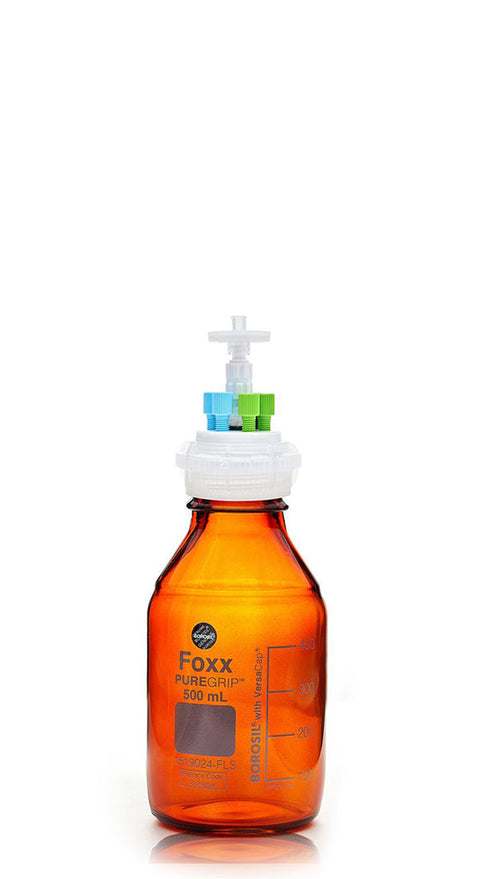 HPLC Solvent Reservoir Bottle Assembly, GL45, 500mL Amber, Class VI Polytetrafluoroethylene (PTFE) Adapter,  4 Ports for 3.2mm(1/8") and/or | img_1 | Foxx Life Sciences Global | shopfls.com