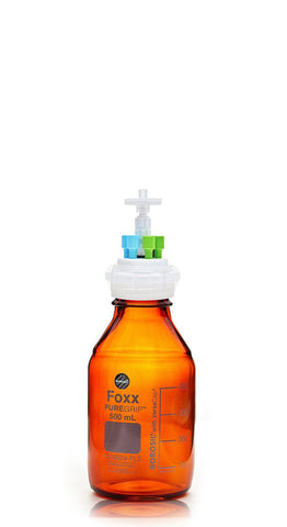 HPLC Solvent Reservoir Bottle Assembly, GL45, 500mL Amber, Class VI Polytetrafluoroethylene (PTFE) Adapter,  6 Ports for 3.2mm(1/8") and/or | img_1 | Foxx Life Sciences Global | shopfls.com