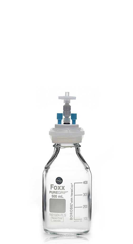 HPLC Solvent Reservoir Bottle Assembly, GL45, 500mL Clear, Class VI Polytetrafluoroethylene (PTFE) Adapter,  2 Ports for 3.2mm(1/8") and/or | img_1 | Foxx Life Sciences Global | shopfls.com