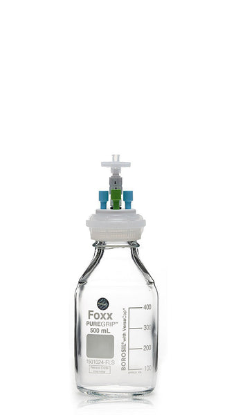 HPLC Solvent Reservoir Bottle Assembly, GL45, 500mL Clear, Class VI Polytetrafluoroethylene (PTFE) Adapter,  3 Ports for 3.2mm(1/8") and/or | img_1 | Foxx Life Sciences Global | shopfls.com