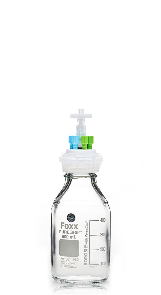 HPLC Solvent Reservoir Bottle Assembly, GL45, 500mL Clear, Class VI Polytetrafluoroethylene (PTFE) Adapter,  4 Ports for 3.2mm(1/8") and/or | img_1 | Foxx Life Sciences Global | shopfls.com