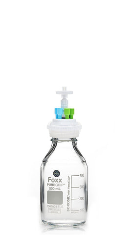 HPLC Solvent Reservoir Bottle Assembly, GL45, 500mL Clear, Class VI Polytetrafluoroethylene (PTFE) Adapter,  4 Ports for 3.2mm(1/8") and/or | img_1 | Foxx Life Sciences Global | shopfls.com