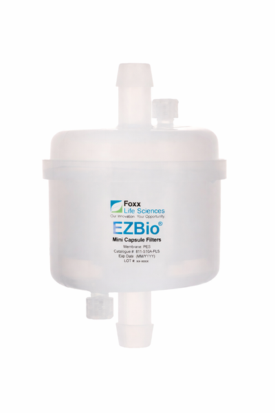 Foxx Life Sciences EZBio micro capsule filter on a white background