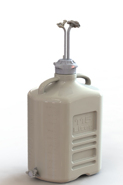 EZBio® 115L PP rectangular carboy with Mini TC, Maxi TC, 3/8" hose barb, and bottom Maxi TC, non-sterile