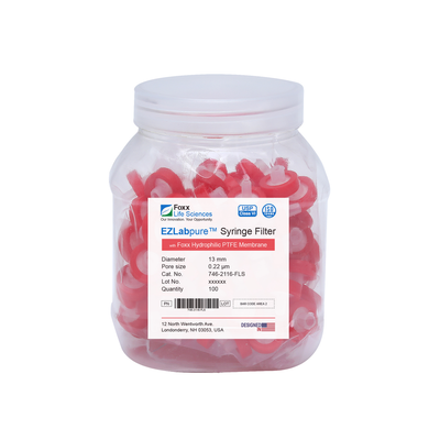 EZlabpure™ Hydrophilic PTFE Syringe Filters, 0.22 µm Pore Size Membrane for Prefiltration and Sample Prep, 13 mm, Non-Sterile, 100/PK