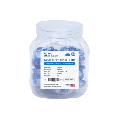 Filtres seringues hydrophiles EZlabpure™ en PVDF, membrane de 0,45 µm pour préfiltration et préparation d'échantillons, 13 mm, non stériles, paquet de 100.