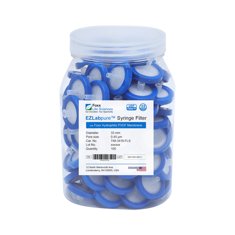 EZlabpure 33mm Syringe Filters – 0.45µm Hydrophilic PVDF Membrane, Non-Sterile for Analytical Filtration  Foxx Life Sciences | img_1 | Foxx Life Sciences Global | shopfls.com
