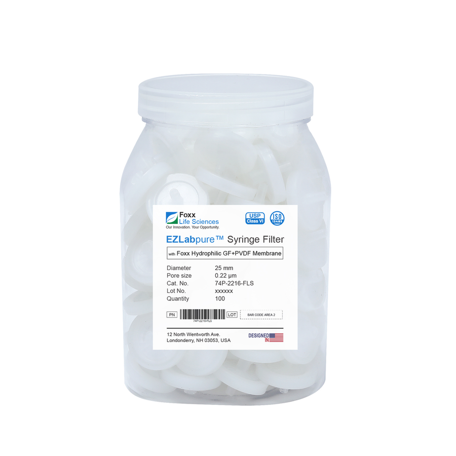 EZlabpure 25mm Syringe Filters – 0.22µm Hydrophilic PVDF w/ GF Prefilter, Non-Sterile  Foxx Life Sciences | img_1 | Foxx Life Sciences Global | shopfls.com