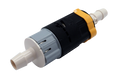 A plastic inline pump filter with a black main body, a gray plastic section, white plastic connectors, and a yellow accent ring, shown on a plain white background.