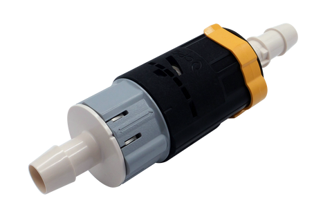 A plastic inline pump filter with a black main body, a gray plastic section, white plastic connectors, and a yellow accent ring, shown on a plain white background.