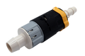 A plastic inline pump filter with a black main body, a gray plastic filter section, white plastic connector ends, and a yellow protective collar, shown on a white background.
