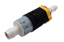 A plastic inline pump filter with a black main body, a gray plastic filter section, white plastic connector ends, and a yellow protective collar, shown on a white background.