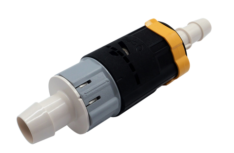 A plastic inline pump filter with a black main body, a gray plastic filter section, white plastic connector ends, and a yellow protective collar, shown on a white background.
