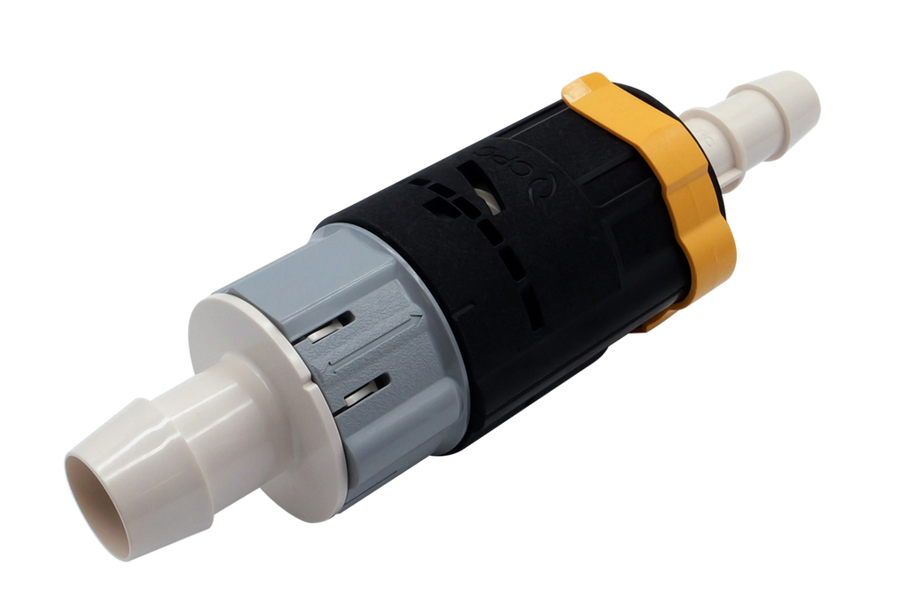 A plastic inline pump filter with a black main body, a gray plastic filter section, white plastic connector ends, and a yellow protective collar, shown on a white background.