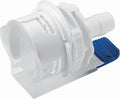 Blue and white mechanical component on a white background