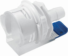 Blue and white mechanical component on a white background