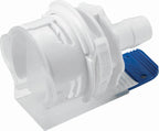 White mechanical component with a blue connector on a white background