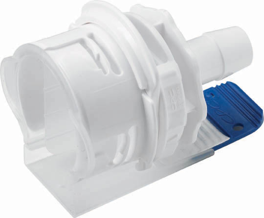 White mechanical component with a blue connector on a white background