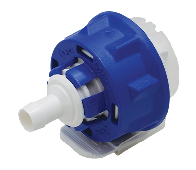 Blue and white mechanical component on a white background