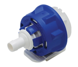 Blue and white mechanical component on a white background