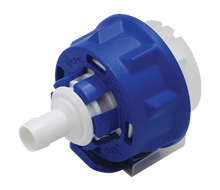 Blue and white mechanical component on a white background