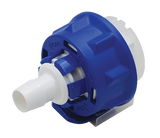 Blue and white mechanical component on a white background