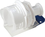 White mechanical component with blue accents on a white background