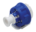 Blue and white mechanical component on a white background