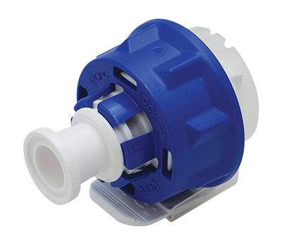 Blue and white mechanical component on a white background