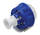 Blue and white mechanical component on a white background