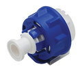 Blue and white mechanical component on a white background