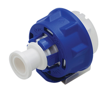 Blue and white mechanical component on a white background