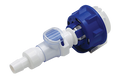 A white and blue plastic inline valve or filter component on a plain white background.