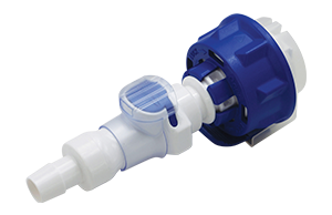 A white and blue plastic inline valve or filter component on a plain white background.