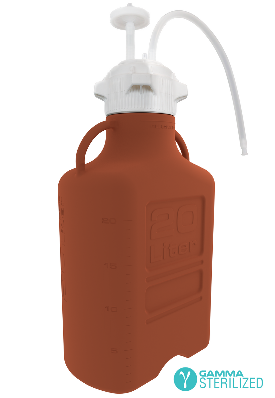 EZBio® Single Use Carboy Assembly, 20L, Amber High Density Poly Ethylene (HDPE), VersaCap® 120mm, TPE Tubing w/ Dip Tube, Gamma Sterilized, 1/EA | img_1 | Foxx Life Sciences Global | shopfls.com