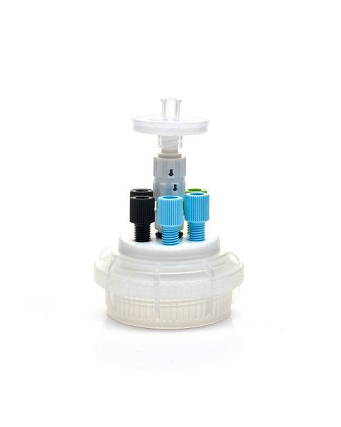 HPLC Solvent Reservoir ChromCap™ 300 Assembly, GL45, Class VI Polytetrafluoroethylene (PTFE) Adapter,  4 Ports for 3.2mm(1/8") and/or 1.6mm(1/16") | img_1 | Foxx Life Sciences Global | shopfls.com