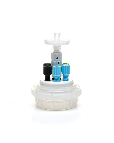 HPLC Solvent Reservoir ChromCap™ 300 Assembly, GL45, Class VI Polytetrafluoroethylene (PTFE) Adapter,  6 Ports for 3.2mm(1/8") and/or 1.6mm(1/16") | img_1 | Foxx Life Sciences Global | shopfls.com