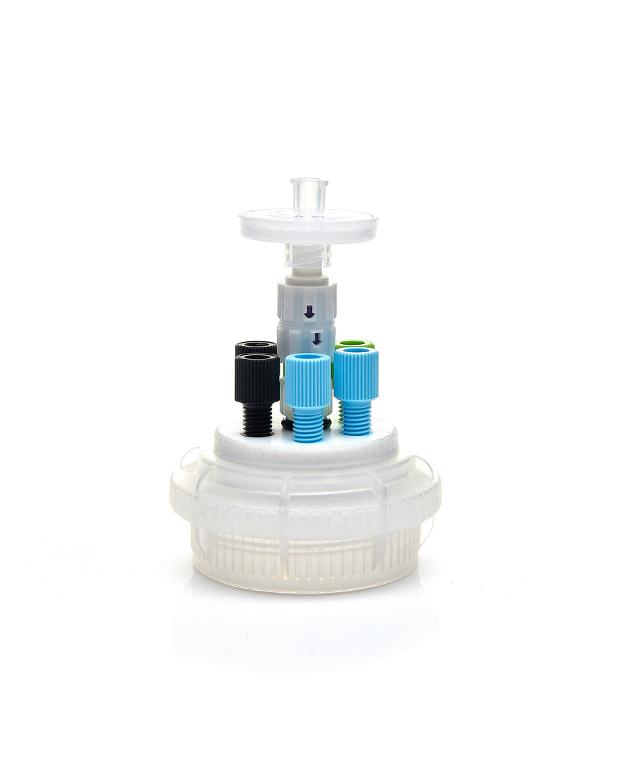 HPLC Solvent Reservoir ChromCap™ 300 Assembly, GL45, Class VI Polytetrafluoroethylene (PTFE) Adapter,  6 Ports for 3.2mm(1/8") and/or 1.6mm(1/16") | img_1 | Foxx Life Sciences Global | shopfls.com