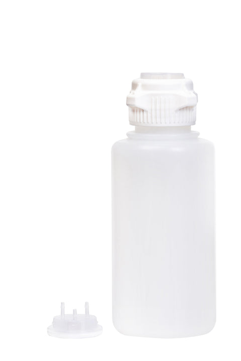 Round EZLabpure™ Polypropylene (PP) Vacuum Bottle, 1L,  Open VersaCap® 53B, With Closed and  2x1/8" HB Adapters, 1/EA | img_1 | Foxx Life Sciences Global | shopfls.com