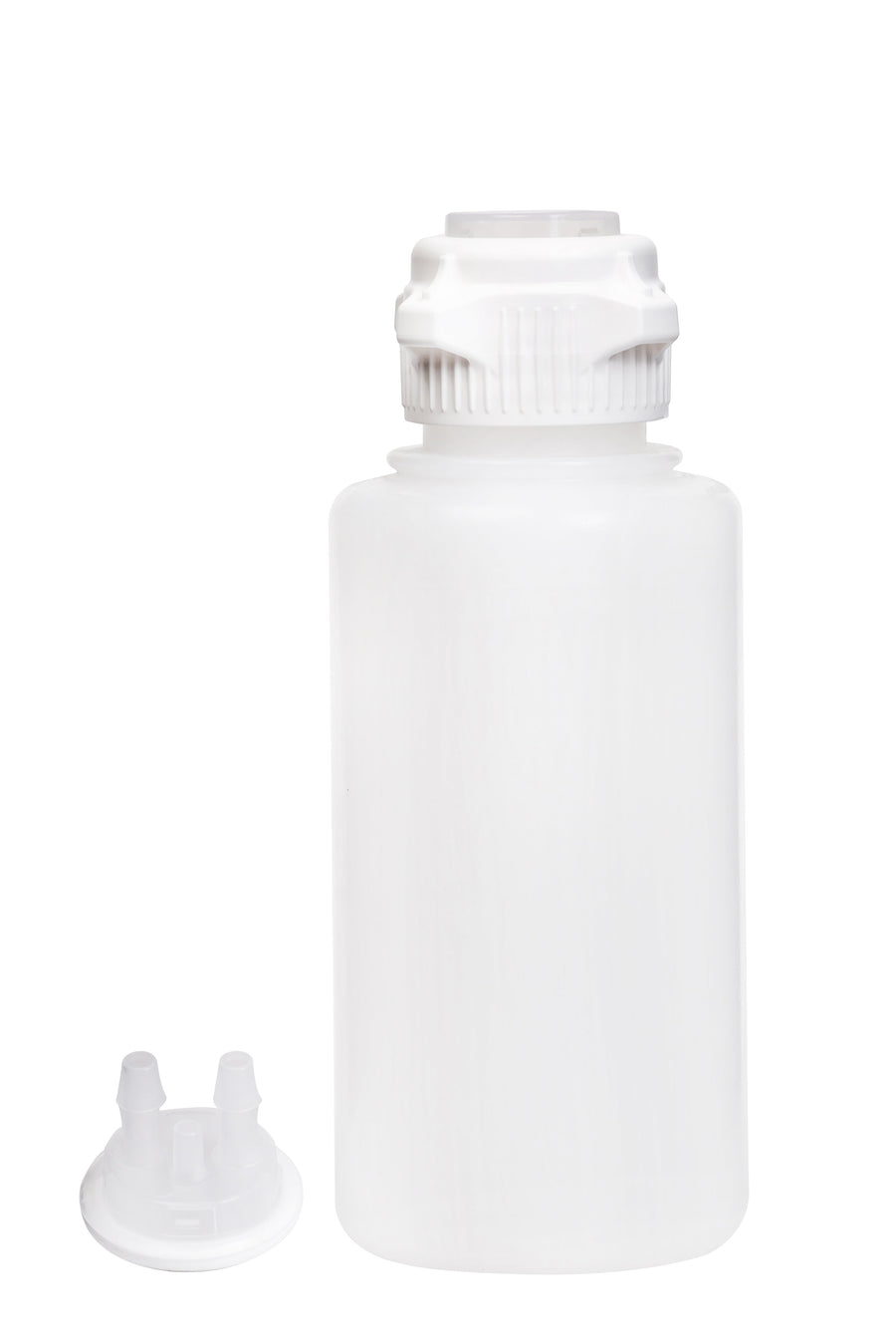 Round EZLabpure™ Polypropylene (PP) Vacuum Bottle, 1 L, Open VersaCap® 53B, With Closed and 2x5/16" HB Adapters, 1/EA | img_1 | Foxx Life Sciences Global | shopfls.com