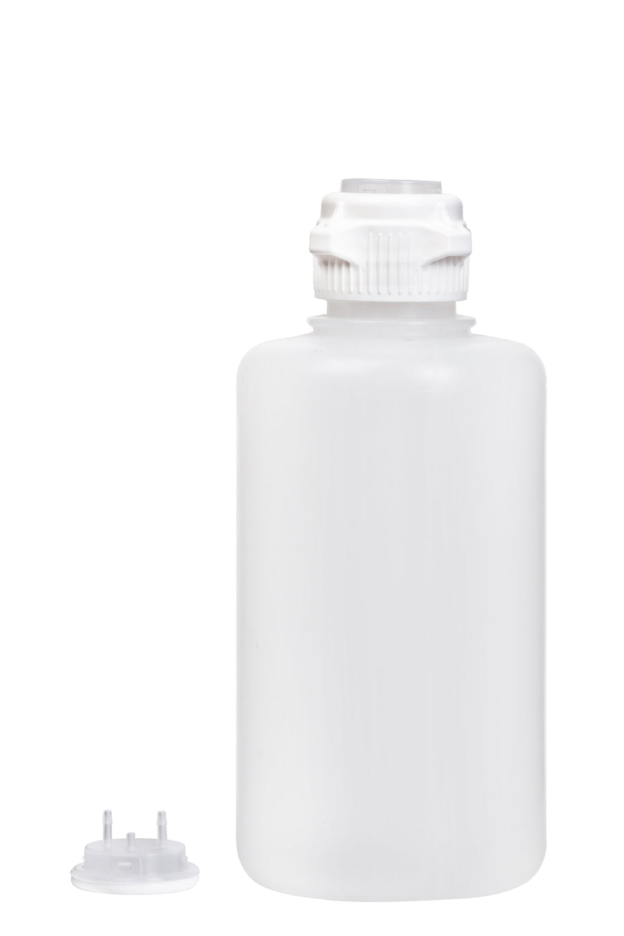 Round EZLabpure™ Polypropylene (PP) Vacuum Bottle, 2 L, Open VersaCap® 53B, With Closed and 2x1/8" HB Adapters, 1/EA | img_1 | Foxx Life Sciences Global | shopfls.com