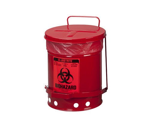 BIOHAZARD WASTE CAN, 6 GALLON, FOOT-OPERATED SELF-CLOSING COVER - SolventWaste.com