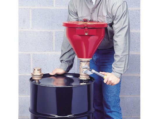 Steel Drum Funnel #08207 w/6" flame arrester, s/c cover, Tip-over Protection Kit for 2" drum bung - SolventWaste.com
