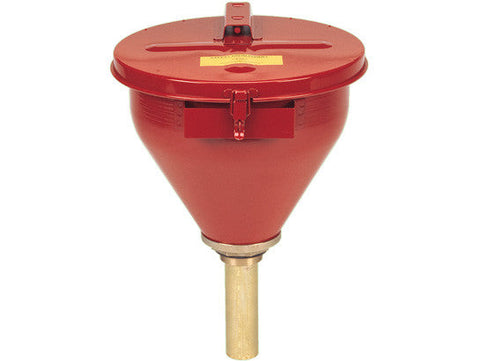 Large Steel Drum Funnel for flammables w/6" Flame Arrester and self-closing cover, 2" drum bung - SolventWaste.com
